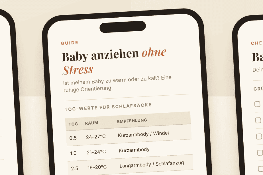 Vorschau der drei Checklisten Stillen, Baby anziehen und Babyschlaf auf dem Smartphone