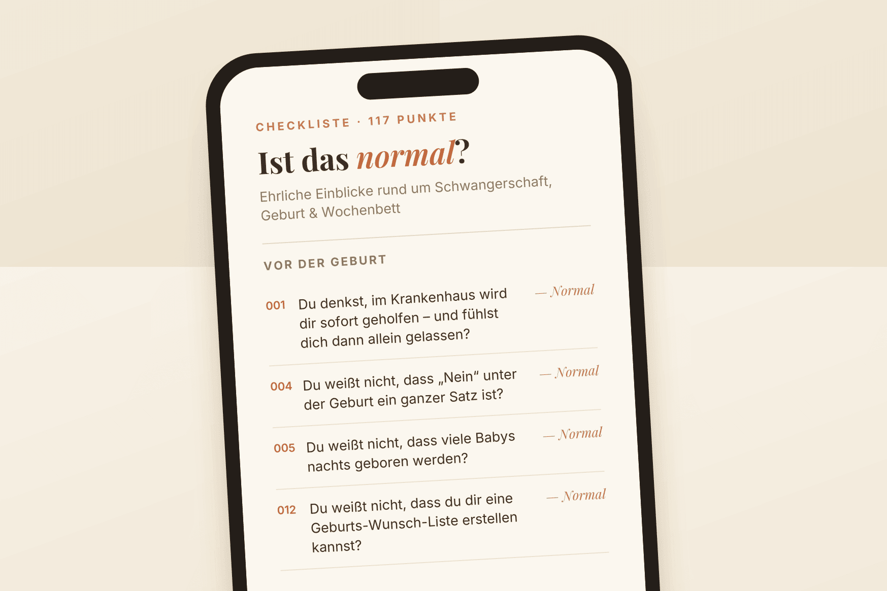Vorschau der Checkliste „Ist das normal?“ auf dem Smartphone